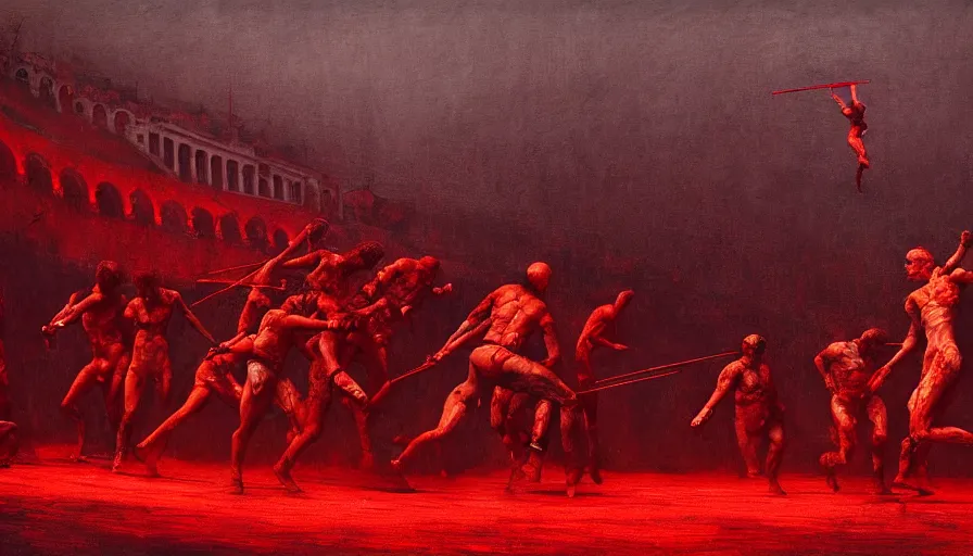 Image similar to only with red, bloody gladiator battle in a crowded roman amphitheatre, crowd cheering, in the style of beksinski and edward hopper and rodcenko and yue minjun and greg rutkowski, intricate and epic composition, red by caravaggio, highly detailed, masterpiece, red light, artstation, art nouveau