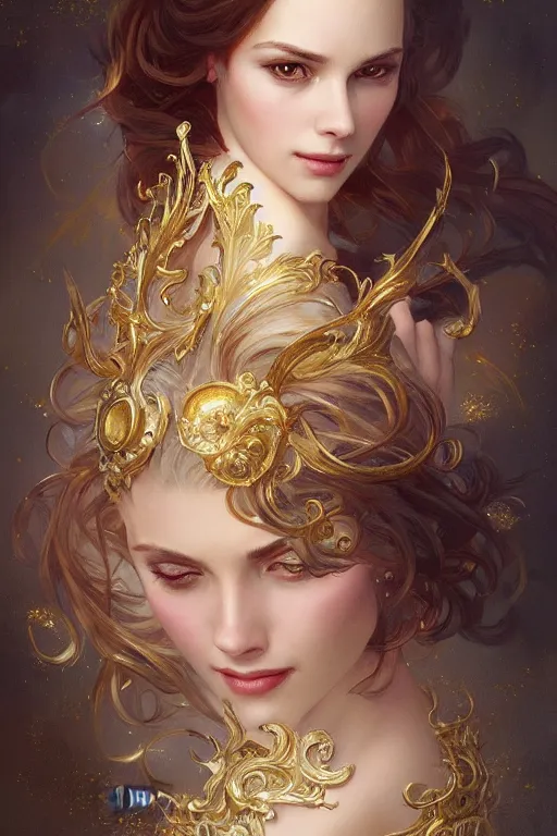 Prompt: a photograpic portrait of a pretty woman, rococo, gold, fantasy, intricate, elegant, highly detailed, digital painting, artstation, concept art, smooth, sharp focus, illustration, art by artgerm and greg rutkowski and alphonse mucha