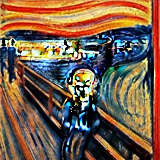 Image similar to painting of edvard munch's the scream zoomed out perspective, highly accurate, 8 k, highly ornate intricate details, rich colors, hyperrealistic,