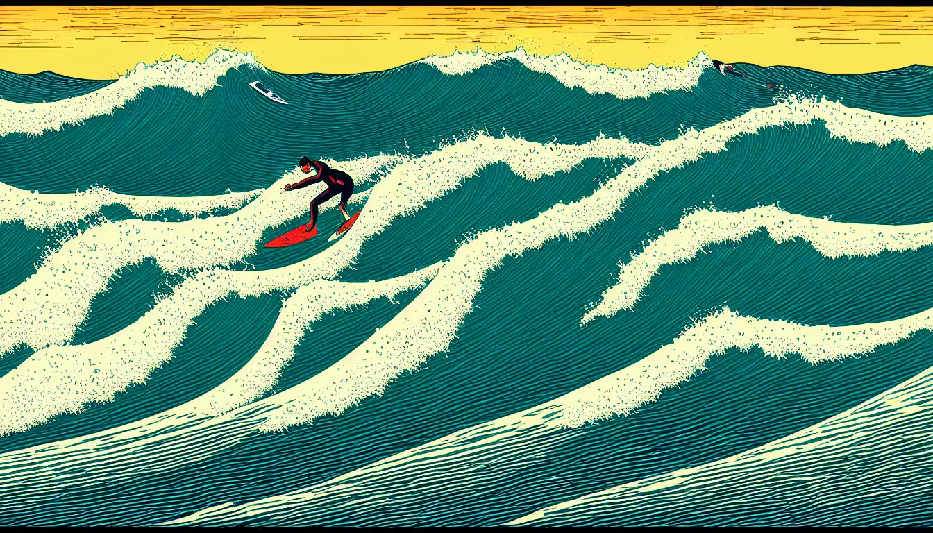 Image similar to surfing wave by dan mumford and peter doig and edward hopper, symmetrical, minimal, black ink, thick lines highly detailed, muted colours, overlaid with chinese adverts, 8 k