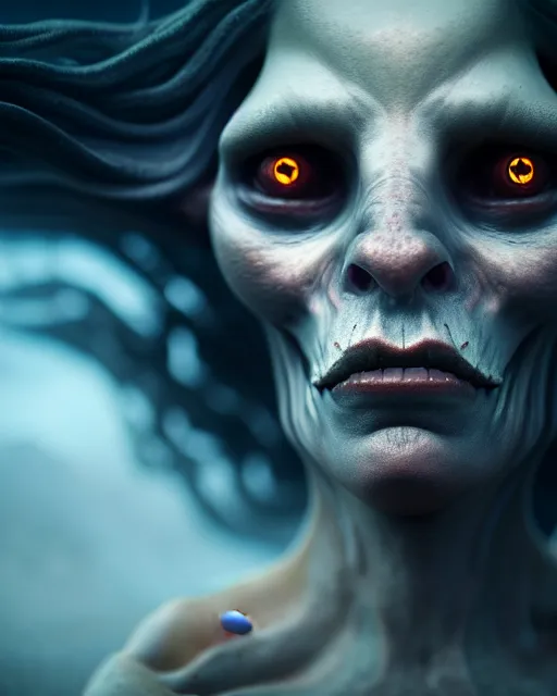 Image similar to a close up portrait of a creepy grotesque sea witch with dark turbulent skies, photorealistic, by jessica rossier, 4 k resolution