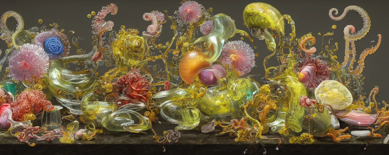 Prompt: ultradetailed photorealistic still life with jelly flowers by ernst haeckel, jan brueghel, james jean and björk, slime and tentacles, wide angle, minimalistic cinematic composition, octane render, bokeh, unreal engine, 4k, 3d render