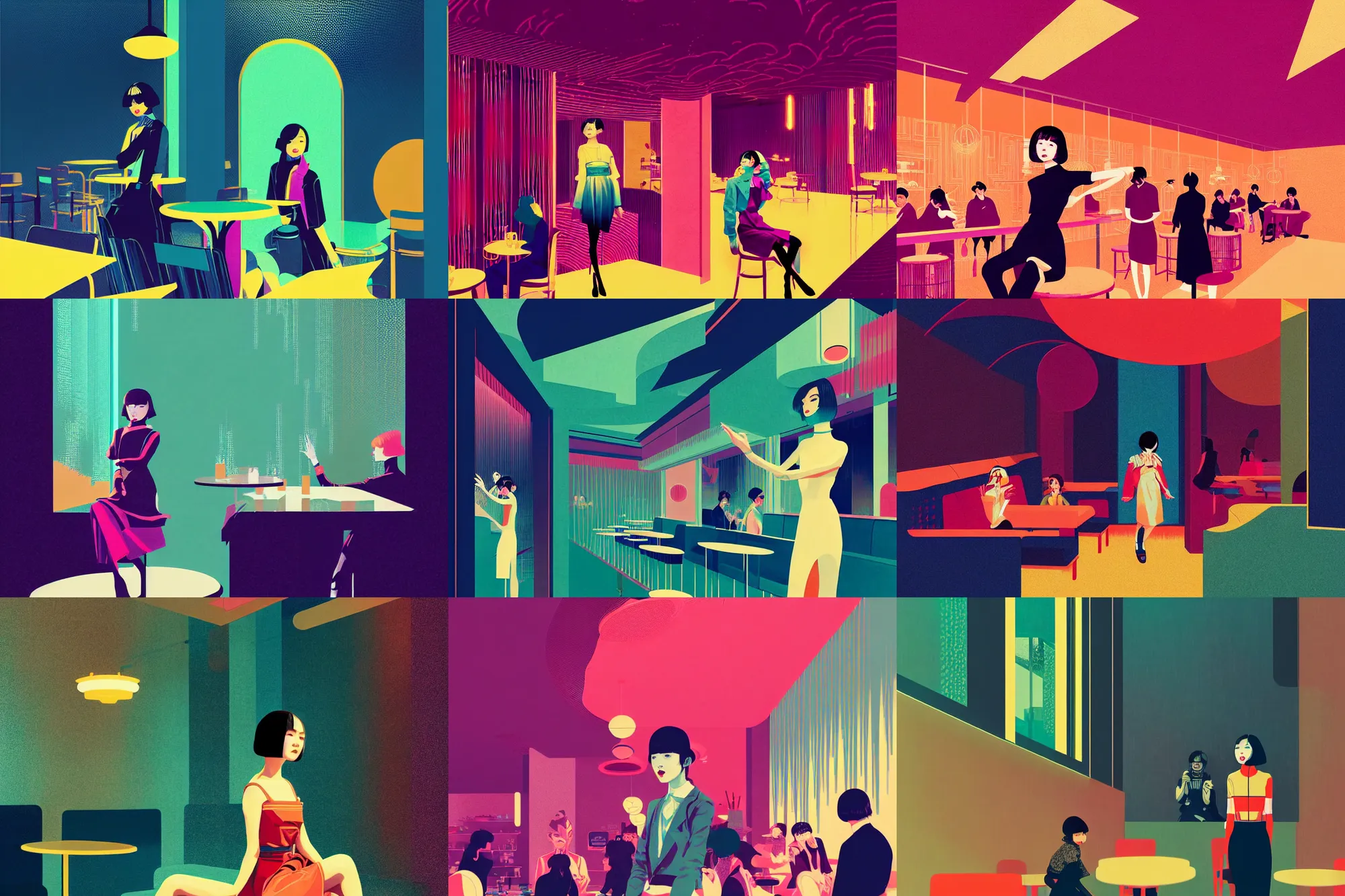 Prompt: ( ( dither ) ), editorial illustration portrait of miona hori posing for a crowd inside a cafe interior, dynamic pose, modern art deco, colorful, ( ( mads berg ) ), christopher balaskas, victo ngai, rich grainy texture, detailed, dynamic composition, wide angle, matte print
