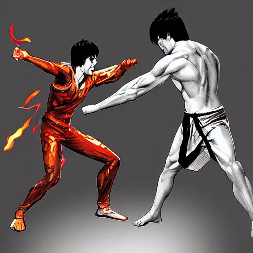 Prompt: “a fiery demon fighting bruce lee, artstation”