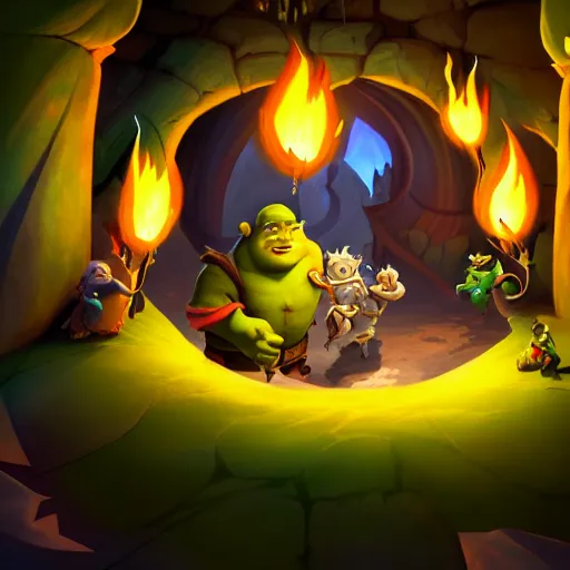 Prompt: a beautiful artwork from dofus, ultra-detailed cave with super powers and magical spells, fireballs, shrek, dragons, demons, devil causes evil and the heaven on top, finely detailed, small details, extra detail, trending on artstation, high resolution, 3D