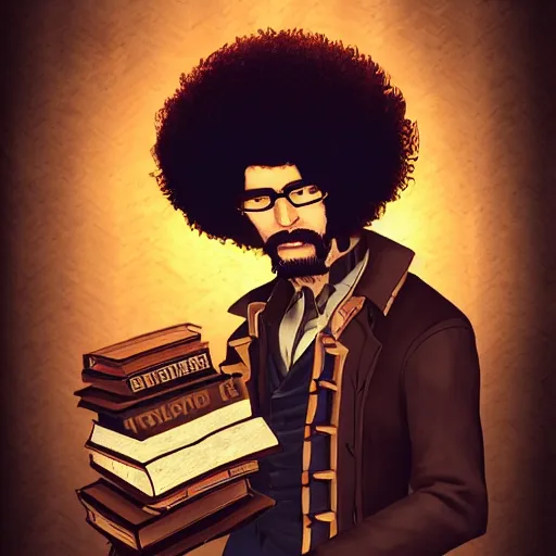 Image similar to a full shot of a steampunk Bob Ross with a black bob hair style holding a stack of books, standing in a steampunk reading room. in a steampunk reading room. digital illustration, soft lighting lighting, 8K, anime, trending on ArtStation, digital art. @MarioManiacDude