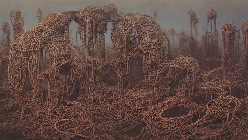 Image similar to A mechanical wasteland of large intricate constructs. Masterpiece by Zdzisław Beksiński and Adolf Lachman