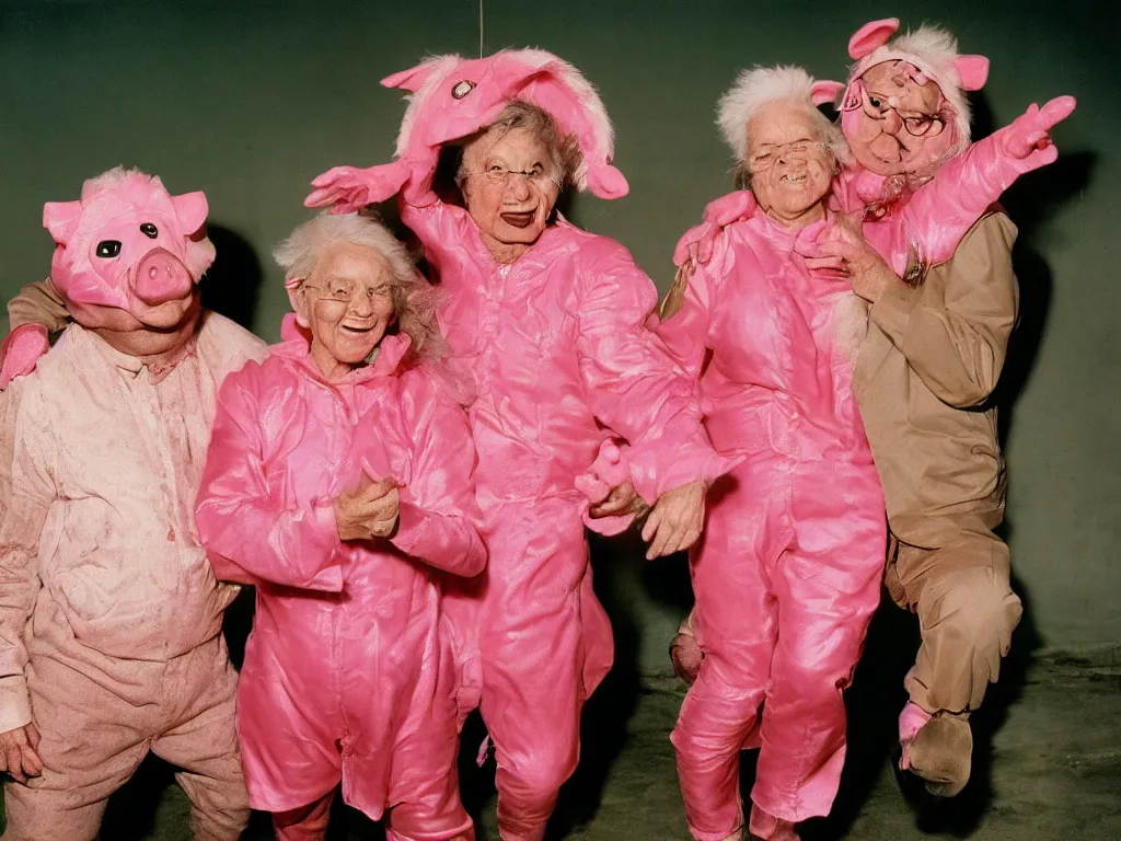 Image similar to a couple of grandparents of 1 0 0 years old wearing pig costume and dancing, extreme long shot, kodachrome, backlight, add a glow around subj. edge, in twin peaks, 1 9 9 0 s