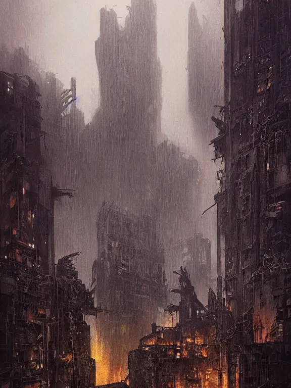 Image similar to a dark ruin city of a heart among the brutalism wreckage buildings in the rain,at dusk,by Hugh Ferriss,James Paick,Greg Rutkowski,aaron horkey,trending on pinterest,Blade Runner 2049,luxury,mythological,ultra realistic,high detail,golden ratio,cinematic lighting,maximalist