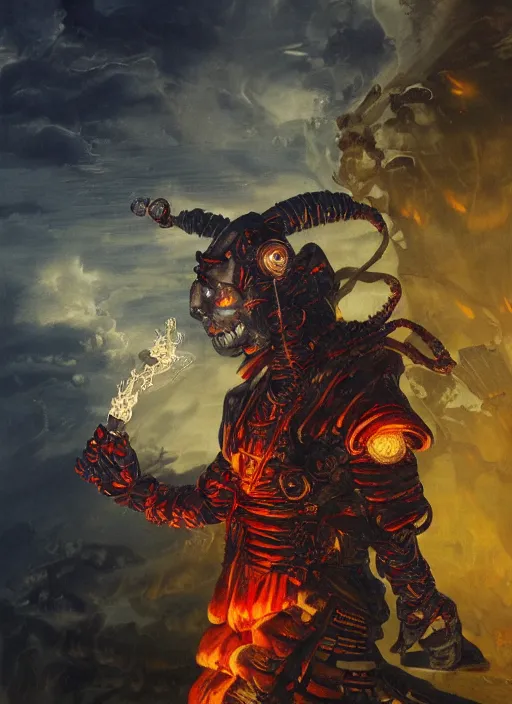 Image similar to portrait of a diabolical cyborg clown samurai with a flamethrougher, wearing burning torn cape, dynamic pose, glowing eyes, ancient ruins, glowing veins subsurface scattering, in clouds, sunset, portrait, by gerald brom, by mikhail vrubel, by peter elson, muted colors, extreme detail, reflections, trending on artstation, 8 k