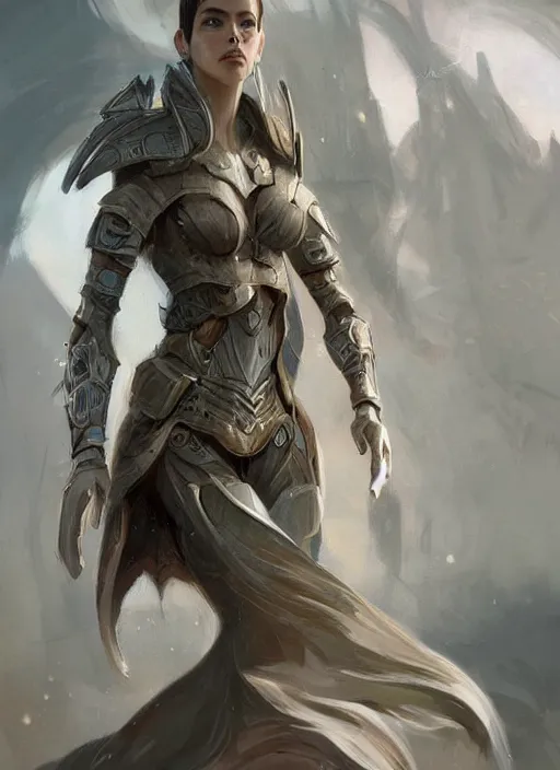 Image similar to a professional portrait of a beautiful young female, clothed in ethereal battle armor, olive skin, long dark hair, beautiful bone structure, symmetrical facial features, intricate, elegant, digital painting, concept art, smooth, sharp focus, finely detailed, illustration, from Valerian and the City of a Thousand Planets, in the style of Ruan Jia and Mandy Jurgens and Artgerm and Greg Rutkowski and William-Adolphe Bouguerea