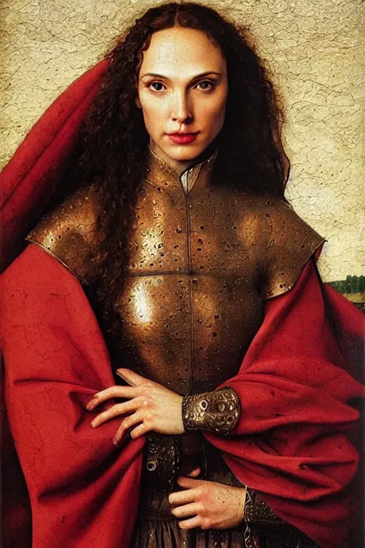 Image similar to portrait of gal gadot, oil painting by jan van eyck, northern renaissance art, oil on canvas, wet - on - wet technique, realistic, expressive emotions, intricate textures, illusionistic detail