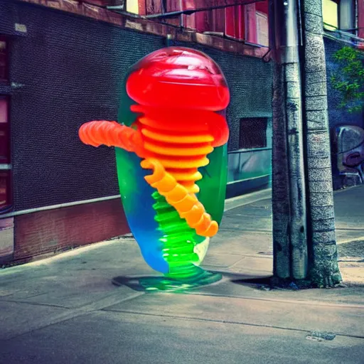 Image similar to a futuristic robotic gummi worm. dramatic product lighting. it's a gummi with extra juiciness. but it's also a worm. ick. trendy food truck in a moody alleyway. digital art, art film.