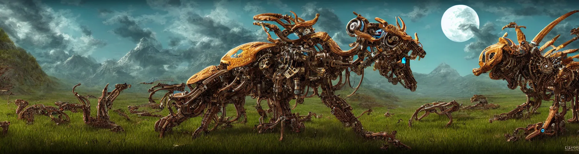 Image similar to Highly Detailed digital illustration about the beauty of nature in a mythpunk world where all animals have been replaced by mechanical beasts. Trending on Artstation