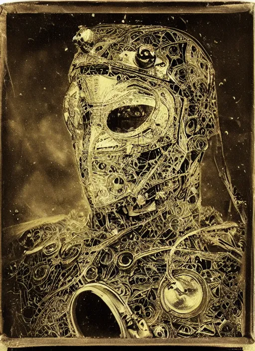 Image similar to old wetplate daguerreotype portrait of the birth of a super masked villain cyborg, explosion of data fragments, fractal, intricate, elegant, highly detailed, parallax, leica, medium format, subsurface scattering, by jheronimus bosch and greg rutkowski and louis jacques mande daguerre