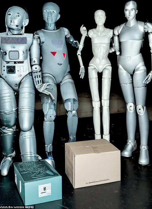 Image similar to three humanoid robots with an adult male human looking face is the statue of liberty, polaroid, flash photography, photo taken in a completely dark storage room where you can see some empty boxes in the background,