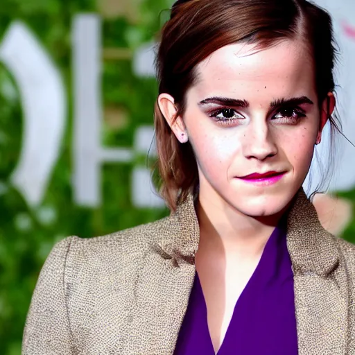 Image similar to Emma Watson with glowing purple eyes