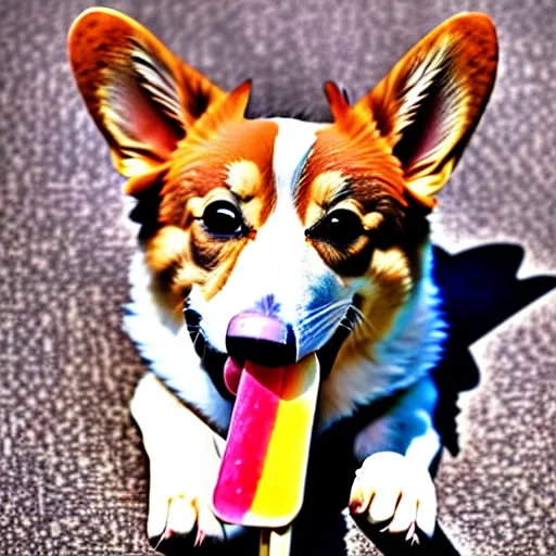 Prompt: a photo of a corgi licking a popsicle