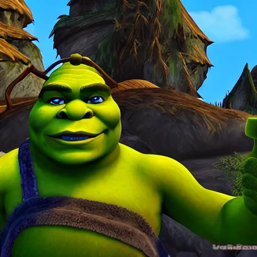 Image similar to shrek in world of warcraft, game graphics, clear, sharp, highly detailed