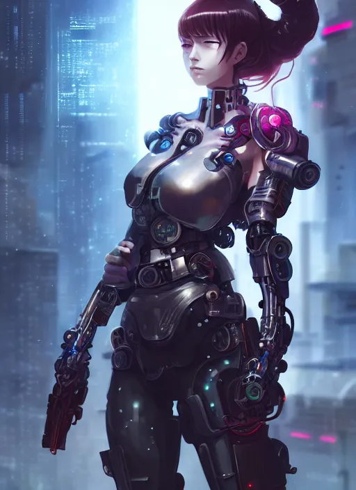 Image similar to cool cyberpunk cyborg samurai girl, battle pose, laser guns, extremely beautiful, detailed portrait, intricate light complexity, concept art by krenz cushart, kyoto animation, wlop. 4 k, beautiful, cinematic dramatic atmosphere, sharp focus, perfect lightning