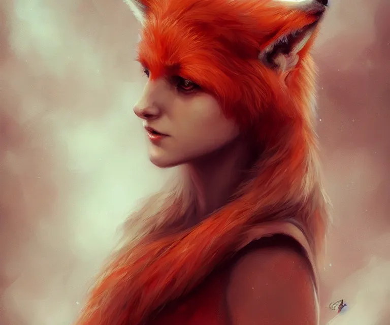 Prompt: red fox by charlie bowater and titian and artgerm, full - body portrait, intricate, face, forest, elegant, orange mist, beautiful, highly detailed, dramatic lighting, sharp focus, trending on artstation, artstationhd, artstationhq, unreal engine, 4 k, 8 k