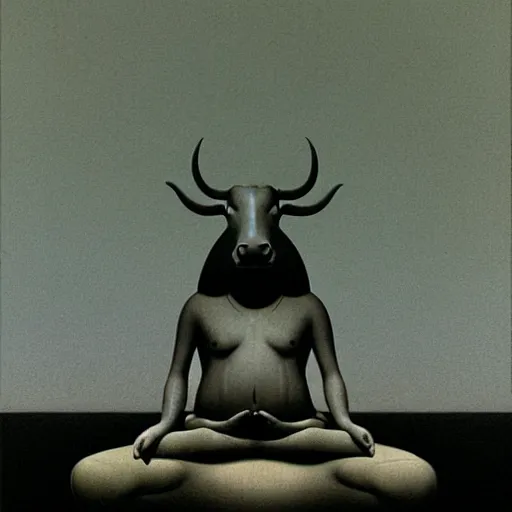 Prompt: 3D matte illustration of a cow sitting in lotus position by Zdzisław Beksiński