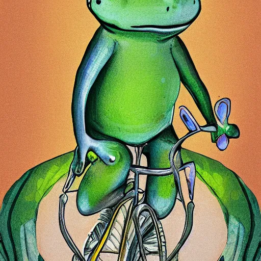 Prompt: book illustration of a frog riding a bike, surrealism