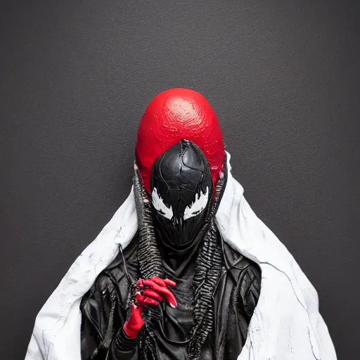 Prompt: venom lord sculptor, black paint on white porcelain, leather cloak, red smoke, intricate, wet plastic, levitating, cathedral, style of alex stoddard, 8 k