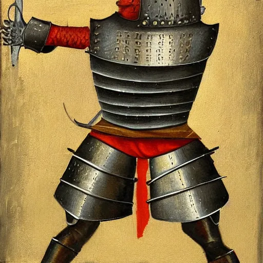 Prompt: medieval armored knight with only one arm and with a bucket on his head, painting