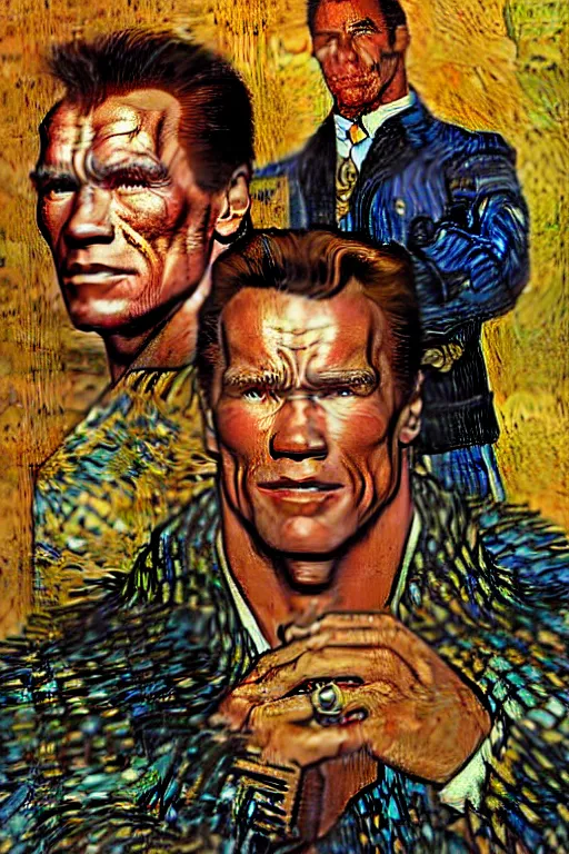 Image similar to character art the contra, bill rizer, arnold schwarzenegger, by karol bak, jean deville, gustav klimt, and vincent van gogh