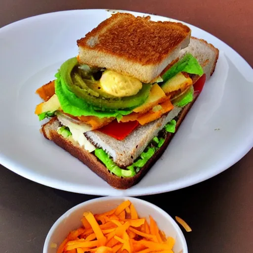 Prompt: sandwich with fried tofu, one red tomato slice, mayo, onion, avocado, melted cheddar, in a red dish, background saturn and stars in the sky