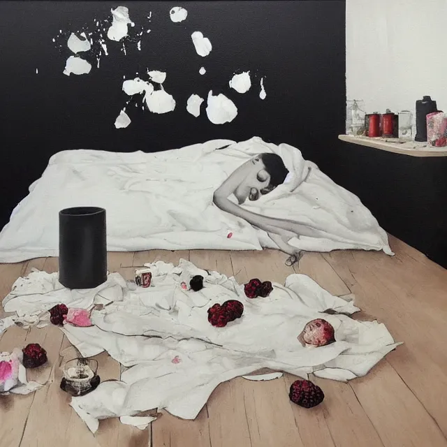 Image similar to bedroom with black walls and a futon, sensual portrait of a woman sleeping, cracked handmade pottery vase, torn paper smouldering smoke, candles, white flowers on the floor, puddle of water, octopus, squashed berries, surrealism, acrylic and spray paint and oilstick on canvas