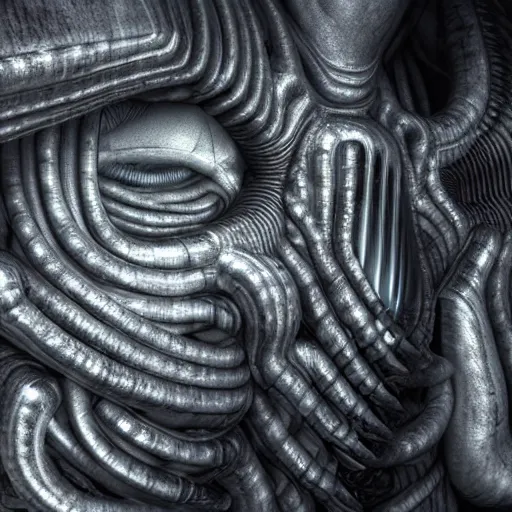 Image similar to HYPER REALISTIC VFX SIMULATION of one of H.R GIGER'S works, INTRICATELY DETAILED 3D OCTANE RENDER