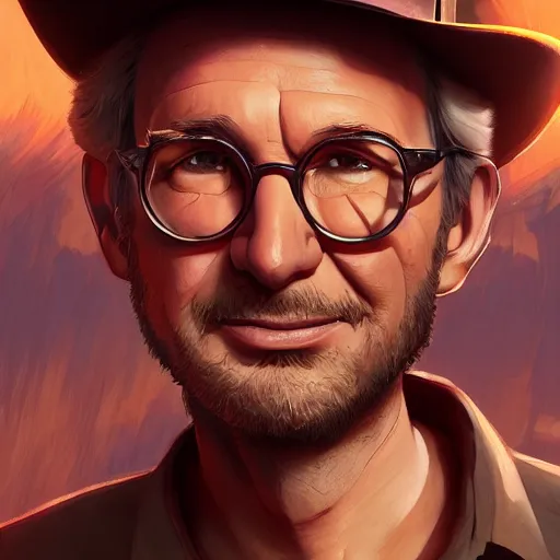 Image similar to Stephen Spielberg as Indiana Jones, ambient lighting, 4k, anime key visual, lois van baarle, ilya kuvshinov, rossdraws, artstation