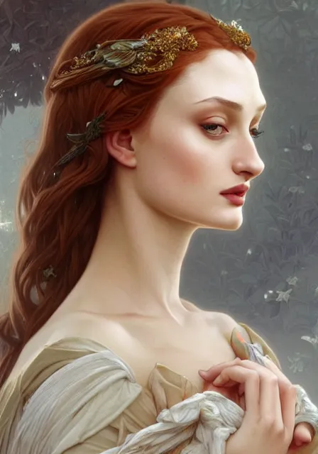 Image similar to sansa angeline jolie, intricate, elegant, highly detailed, digital painting, artstation, concept art, smooth, sharp focus, illustration, art by artgerm and greg rutkowski and alphonse mucha and william - adolphe bouguereau