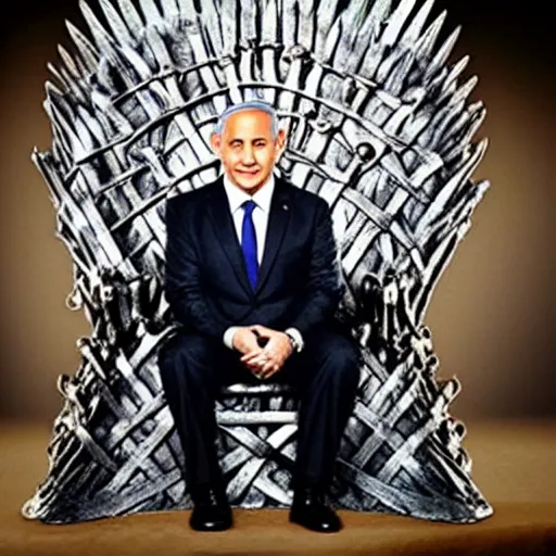 Image similar to “Benjamin Netanyahu sitting on the iron throne, 4k, award winning, realistic, scene from game of thrones”