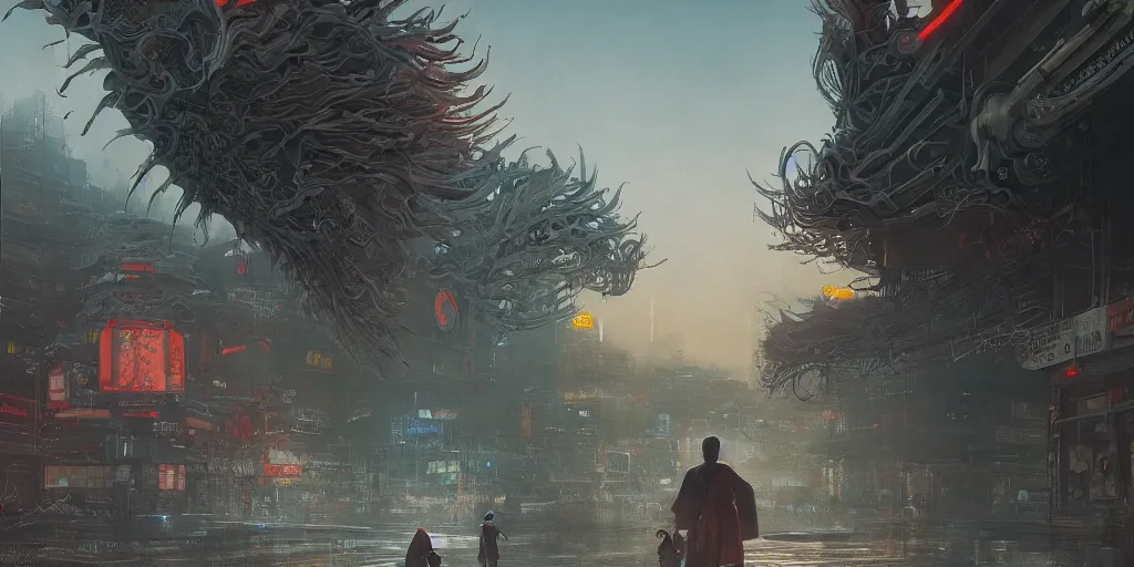 Image similar to lone wanderer in a highly detailed cinematic tokyo suburb, psychedelic, amazing, by feng zhu, wayne barlowe, perfect geometry, hdr, 4 k, hyper - detailed, sharp, beautiful, desaturated, beautiful lighting, oil on canvas, sunset, cinematic composition, trending on artstation, gnomon