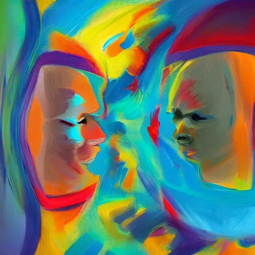 Prompt: two abstract humans from 2 abstract coloured universes, looking at each other in a mirror, across space and time, high definition photorealism, super wide angle lens w 1 0 2 4 h 7 9 8