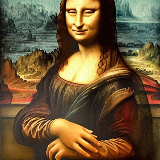 Prompt: old oil painting of mona lisa, person screaming