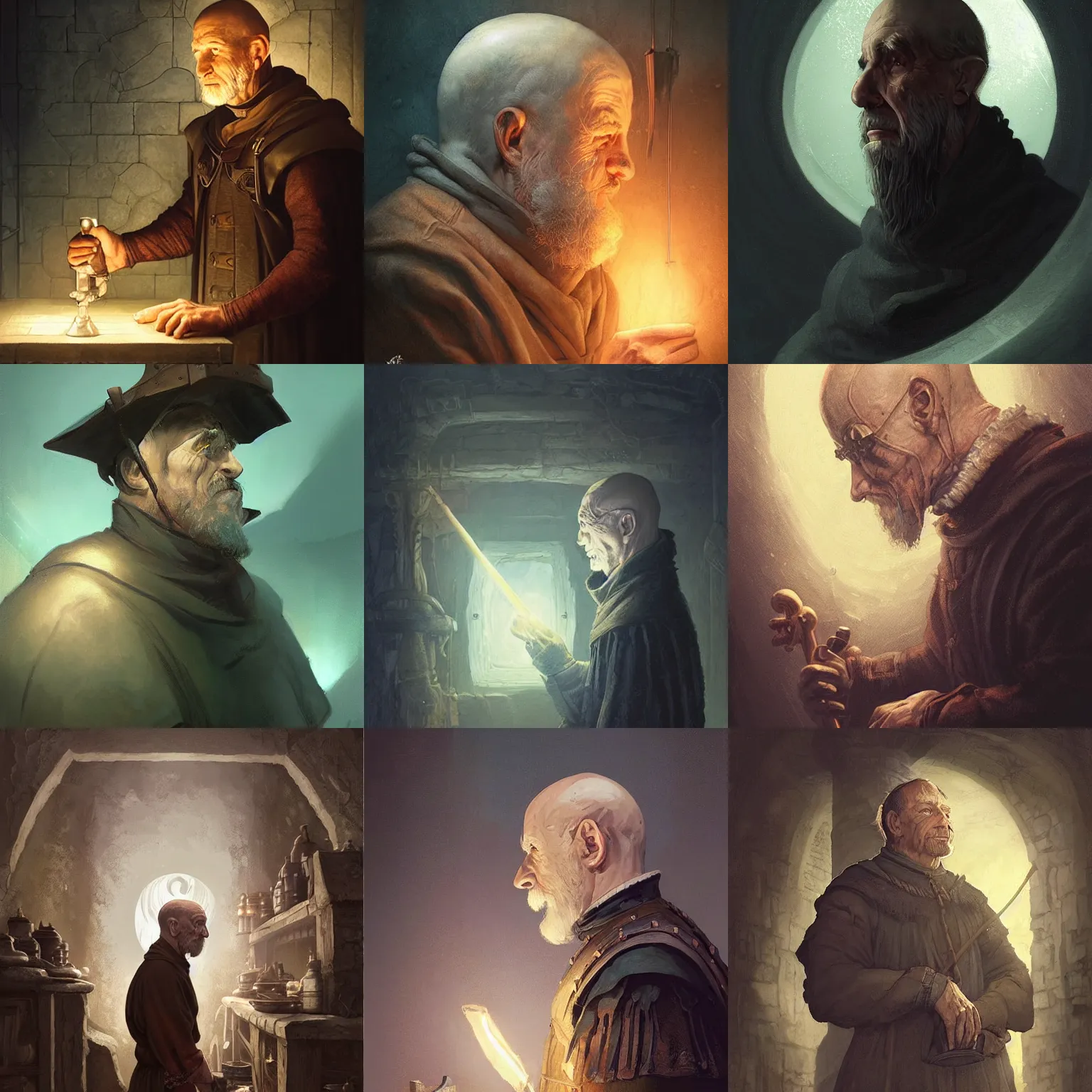 Prompt: portrait of an old, medieval alchemist in the dark, side profile, he is looking into the distance thoughtfully!!. studio lighting bright ambient lighting key light, fantasy, detailed, photorealistic portrait by michael komarck, greg rutkowski, victo ngai, artgerm and j. dickenson