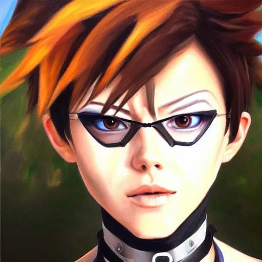Prompt: oil painting of tracer overwatch in a field, in style of artgerm, expressive face, very detailed face, wearing large steel choker, very detailed eyes, full body, feminine face, detailed makeup on eyes,