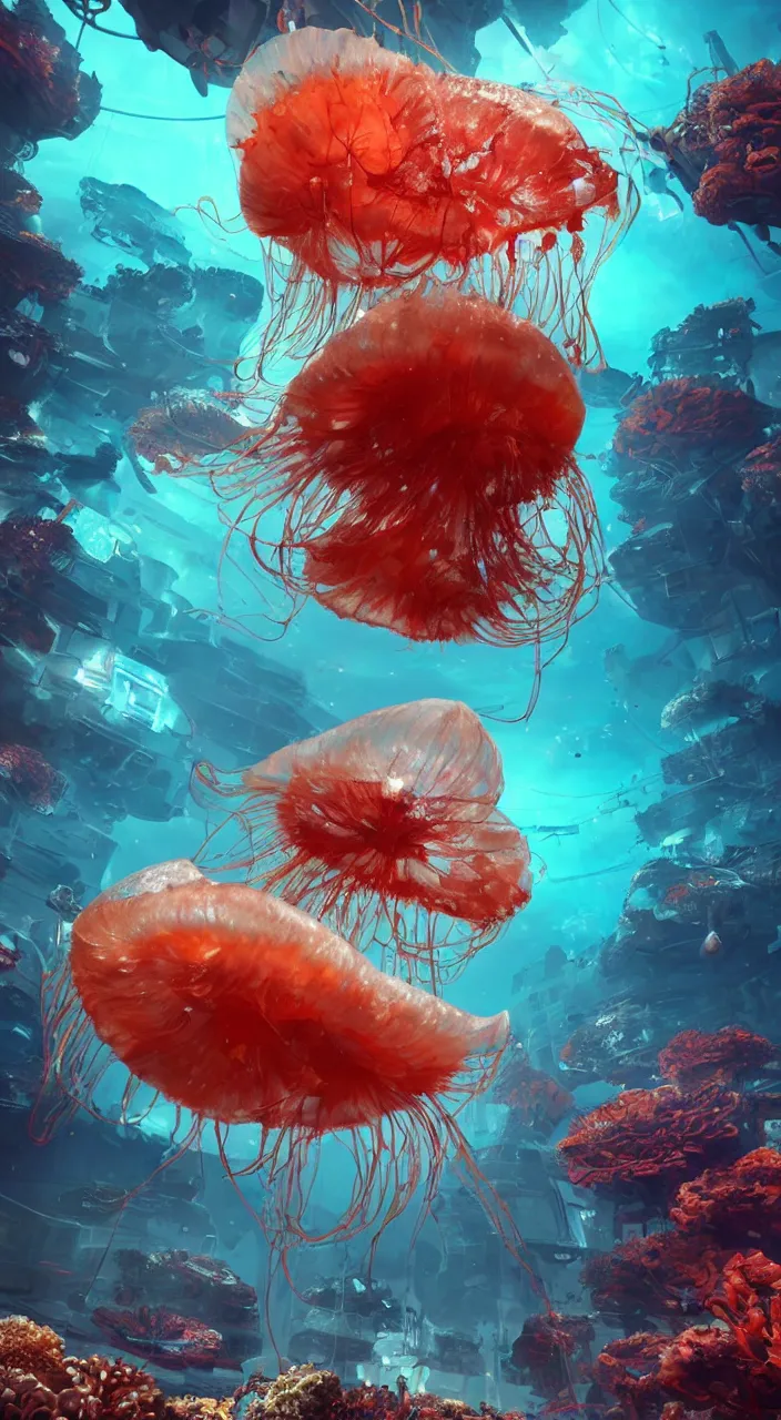 Prompt: robotic man o war jellyfish swimming among vibrant cyberpunk coral reef, in style of johan grenier, greg rutkowski, artstation, 8 k 3 d, unreal engine, highly detailed, octane render, very intricate, cinematic lighting