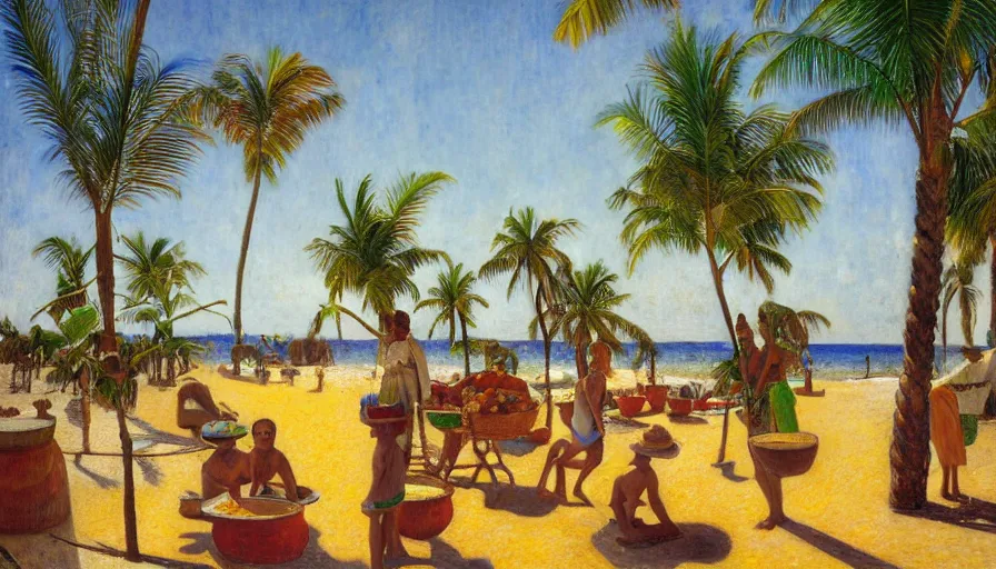 Prompt: a brazilian nordeste kitchen designed by jules bastien - lepage, tarsila do amaral, frank weston and gustave baumann, beach, trending on artstation, mediterranean, palm trees, sharp focus, colorful refracted sparkles and lines, soft light, 8 k 4 k