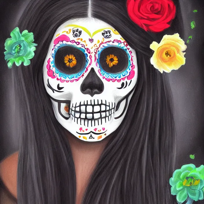 Prompt: a smiling girl with long black hair, her paint painted as dia de los muertos, by alozuniga. with the style of arcane ( 2 0 2 1 ). digital draw, digital art, trending on instagram, digital painting.