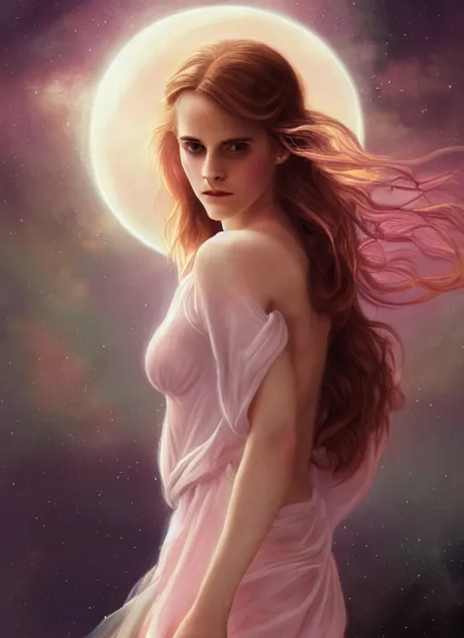 Image similar to emma watson as nature magic celestial, bottom up pose, long hair, soft pink and white transparent cloth, space, D&D, shiny background, intricate, elegant, highly detailed, digital painting, artstation, concept art, smooth, sharp focus, illustration, artgerm, bouguereau