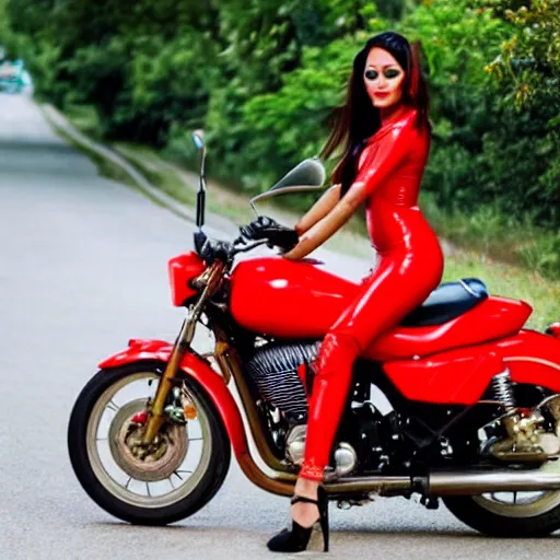 Image similar to A beautiful indian woman wearing red latex dress riding a motorcycle