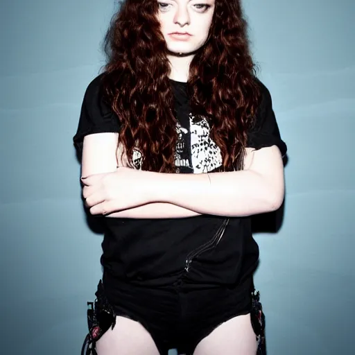 Prompt: lorde in punk rock attire standing on top of a luminated black box with strobe lights and a chrome covered background