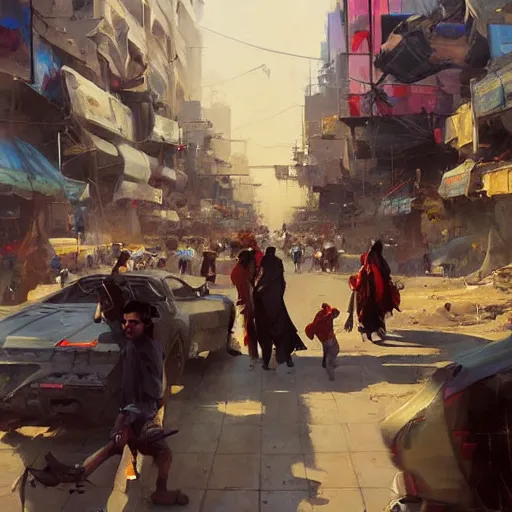 Image similar to greg manchess painting of baghdad in the year 2 0 7 7, painting, cyberpunk style, trending on artstation, by huang guangjian and gil elvgren and sachin teng