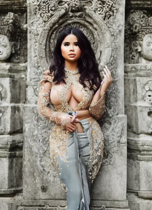 Image similar to portrait of demi rose wearing kebaya in bali temple, by charlotte grimm, natural light, detailed face, beautiful features, symmetrical, canon eos c 3 0 0, ƒ 1. 8, 3 5 mm, 8 k, medium - format print, half body shot