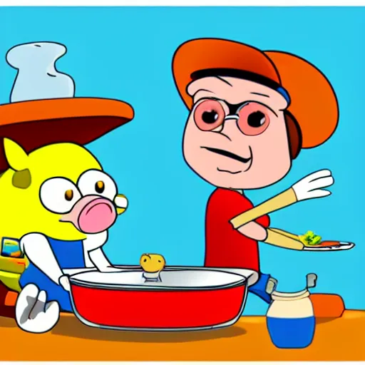 Prompt: cartoon characters, rick and porky cooking a brisket, cell animation